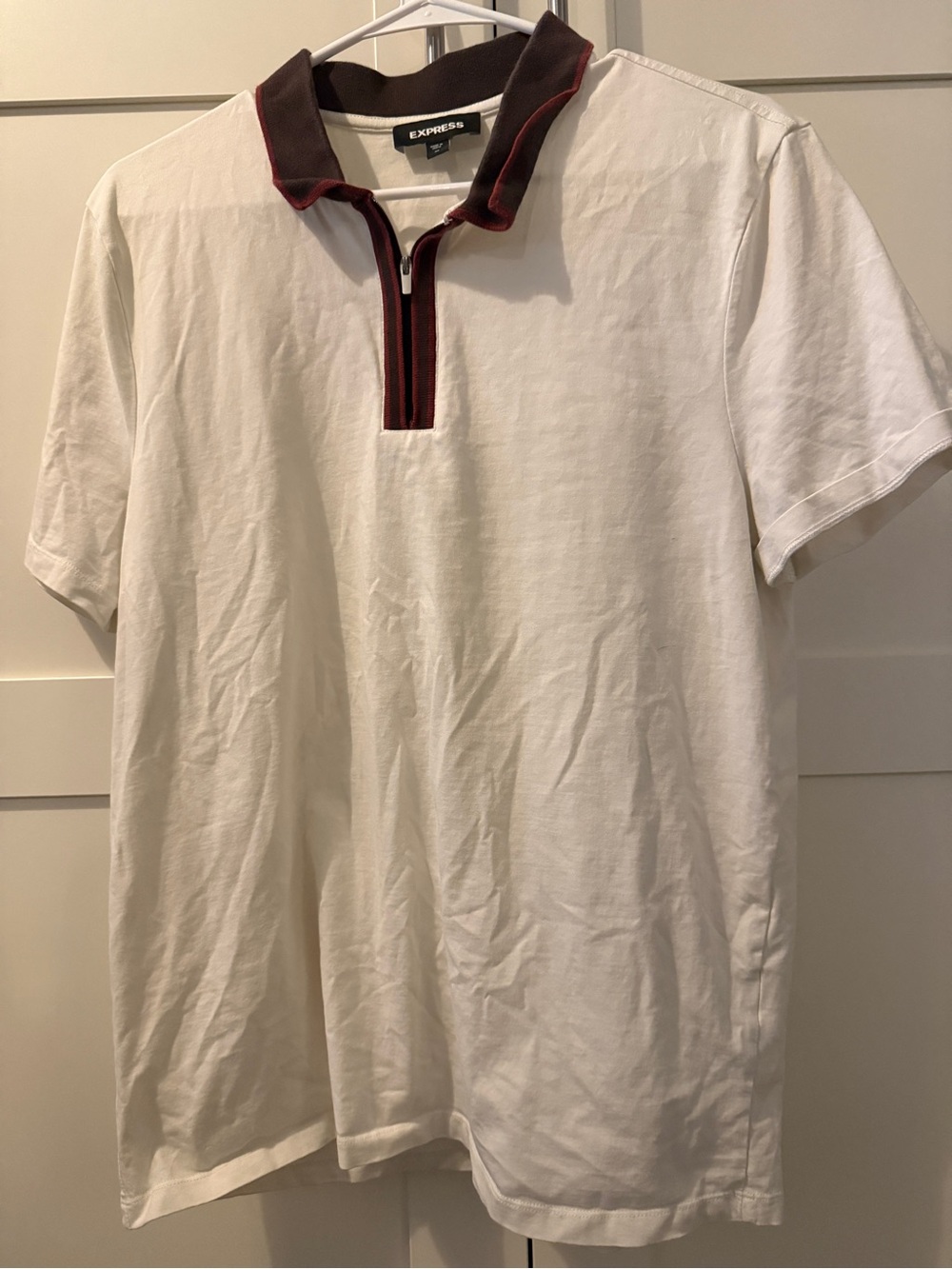 Express White Polo with Burgundy Trim and Zip